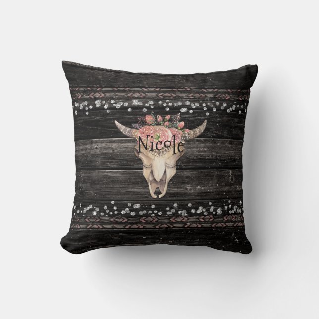 Almofada Crânio de Vaca Floral Rústico Boho Chic Glamour Co (Frente)