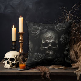 Almofada Crânio Gótico Escuro & Rosa Preta – Decoração Maca