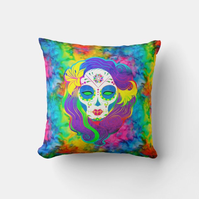 Almofada [Crânio Psicodélico] Tie-Dye Calavera Fractal (Frente)