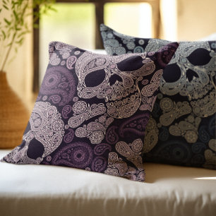 Almofada Crânio retro de Paisley do estilo nos azuis