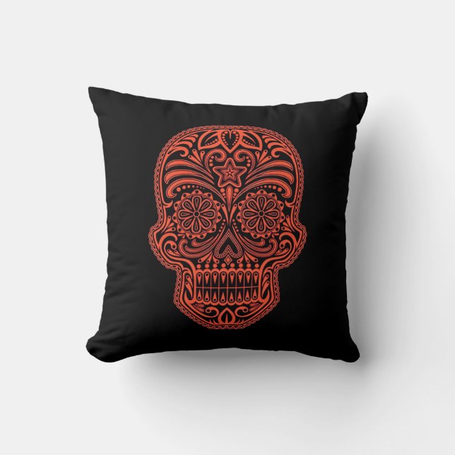 Almofada Crânio vermelho e preto decorativo do açúcar (Frente)