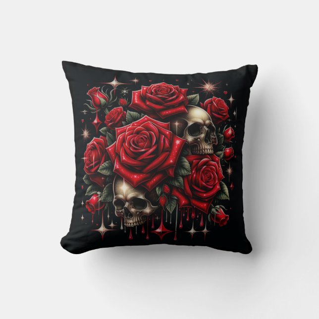 Almofada Cránios Dourados & Rosas Vermelhas Brilham no Glam (Frente)