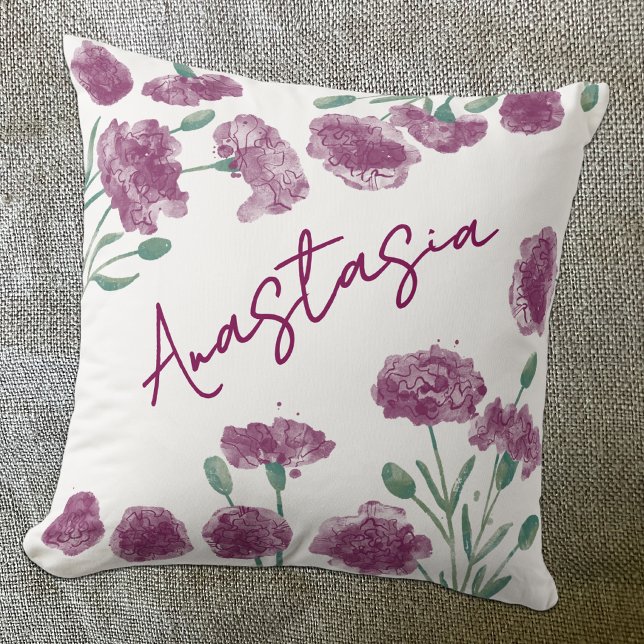 Almofada Cravo Personalizado do Mês de Nascimento de Janeir (January birth month flower personalized custom script name watercolor carnation botanical art pillow)