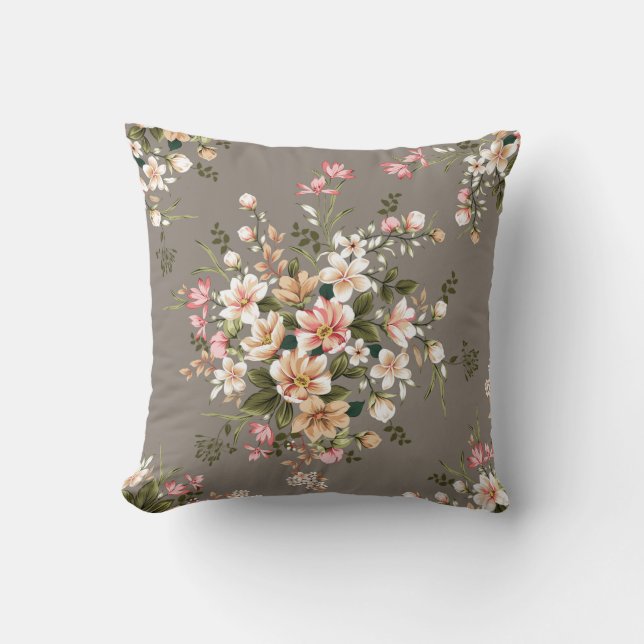 Almofada creme e flores cor-de-rosa folhas feixes (Frente)