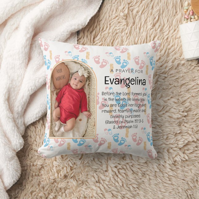 Almofada Criança Personalizada, Oração Cristã (Cute Baby Footprints Throw Pillow with customizable photo, name and Bible verse. Ideal souvenir gift)
