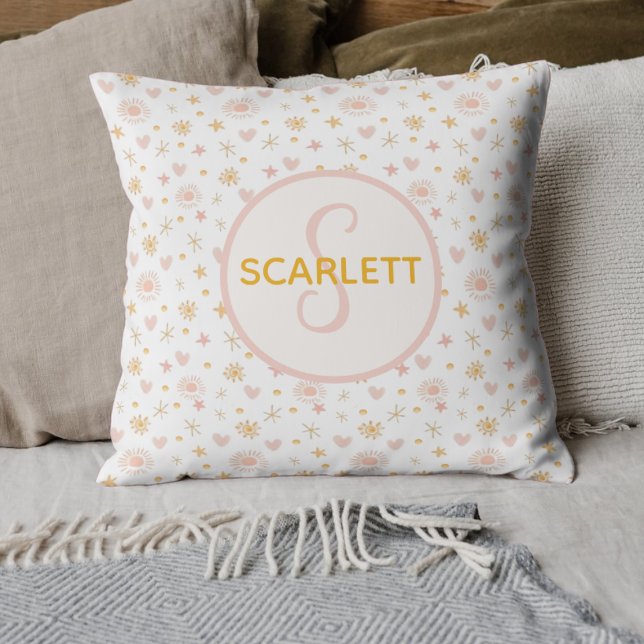 Almofada Crianças: Cute Name Pink Orange Patterno of Suns H (Custom Name Pillow with Sun and Stars - Personalized Home Decor, Unique Gift, Cute Design.)