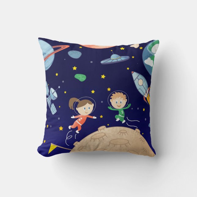 Almofada Crianças espaciais pousando a lua estrelas-satélit (Frente)