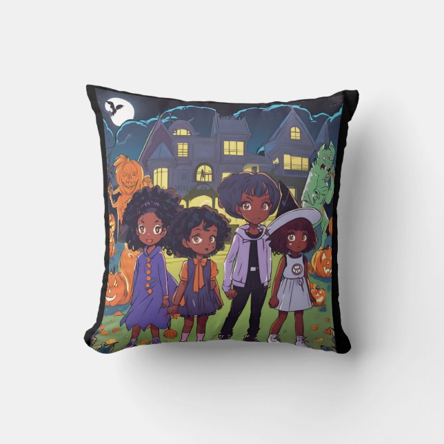 Almofada Crianças Negras Tropeçam Em Um Halloween De Cidade (Frente)
