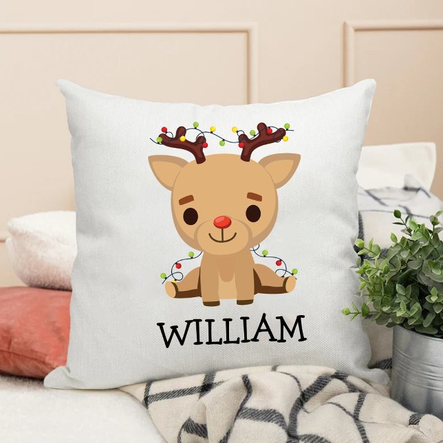 Almofada Crianças Primeiro Nome de Reinador Fofo de Natal (Kids First Christmas Cute Reindeer Name Throw Pillow)