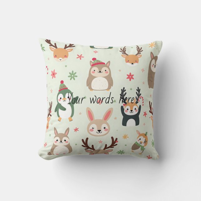 Almofada Crie Seus Próprios Animais de Natal Kawaii Verdes (Frente)