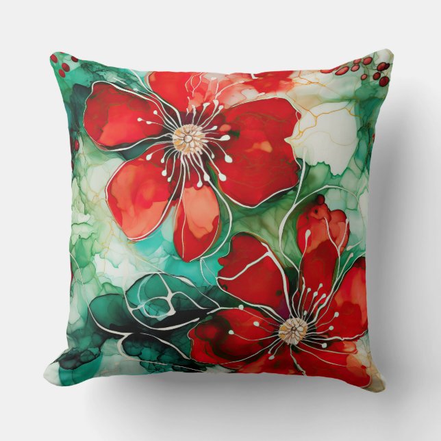 Almofada Crimson Yuletide Blooms Botânico (Frente)