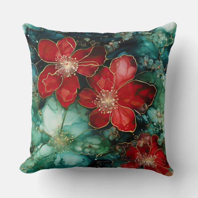 Almofada Crimson Yuletide Blooms Botânico (Frente)
