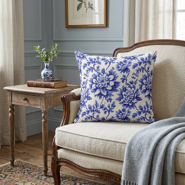 Almofada Crisântemo Azul e Branco Decoração Country Francês (Criador carregado)