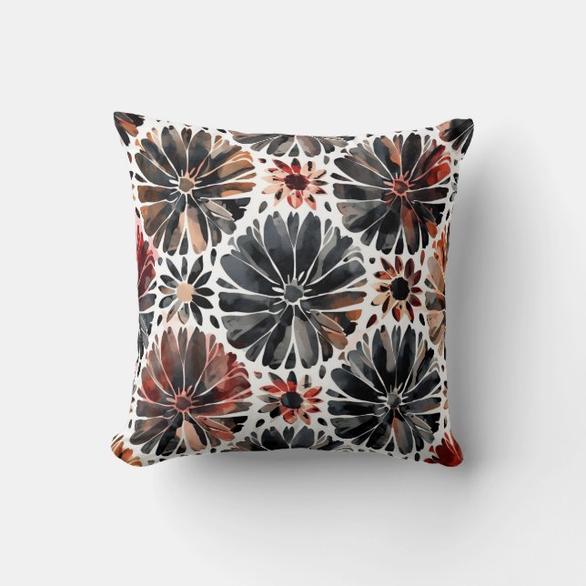 Almofada Crisântemos em Aquarela Floral Escuro (Frente)