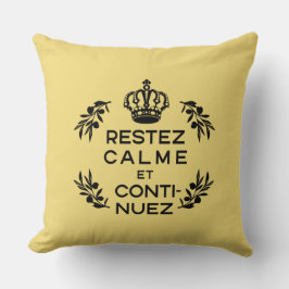 Almofada crista preta amarela Francês Fique calmo e continu