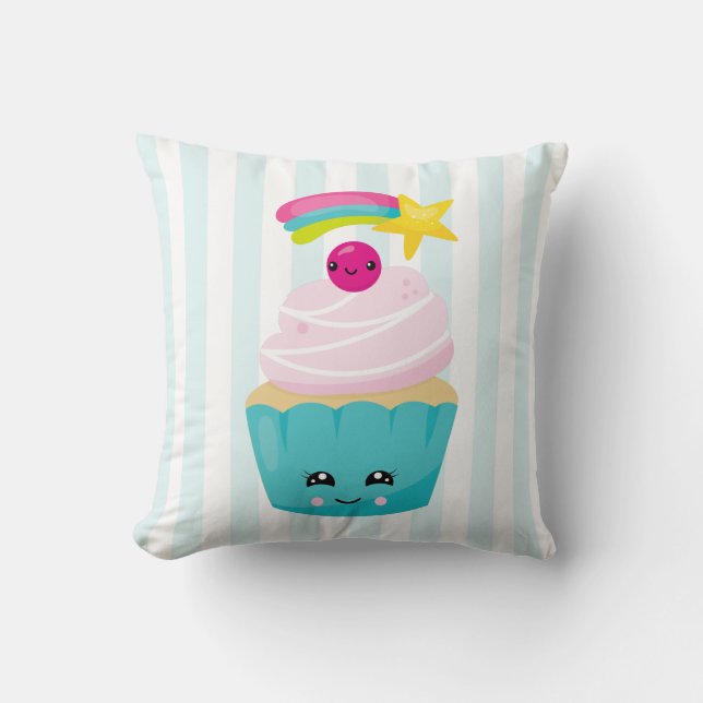 Almofada Cupcake azul-bonito com a face Kawaii (Frente)
