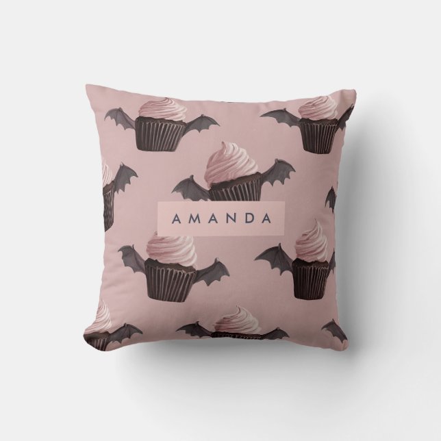 Almofada Cupcake de Bat Spooky do Dia das Bruxas Personaliz (Frente)