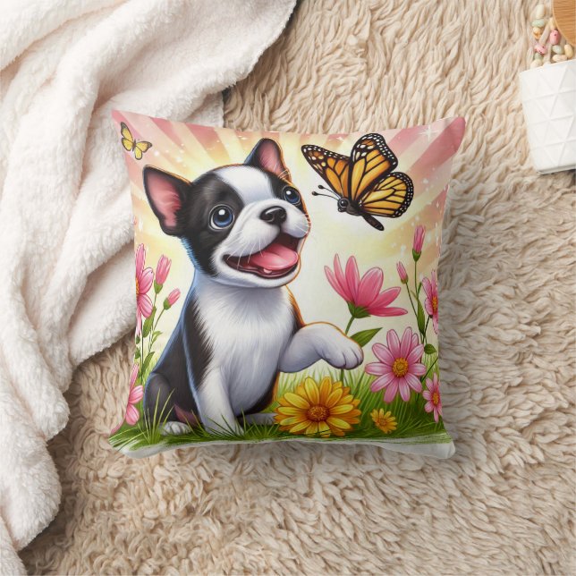 Almofada Curioso Boston Terrier Puppy Brincando Com Borbole (Cobertor)