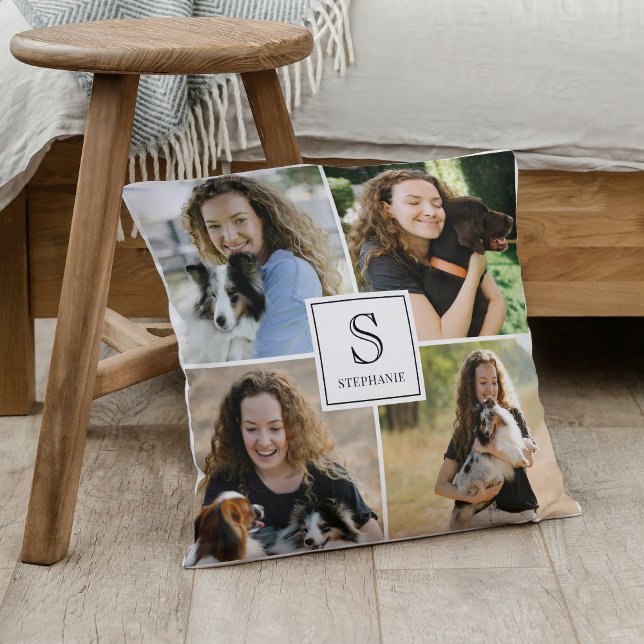 Almofada Custom 4 Multi Photo Collage Monogram & Name (Criador carregado)