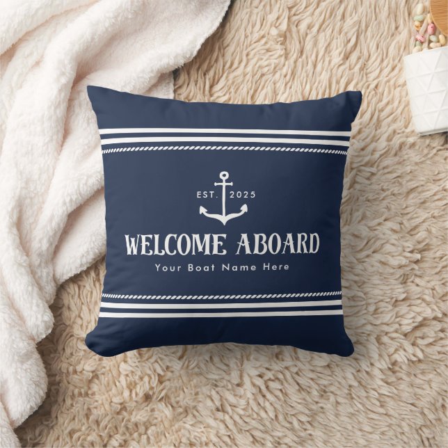 Almofada Custom Blue Striped Boat Nautical Welcome Aboard  (Cobertor)