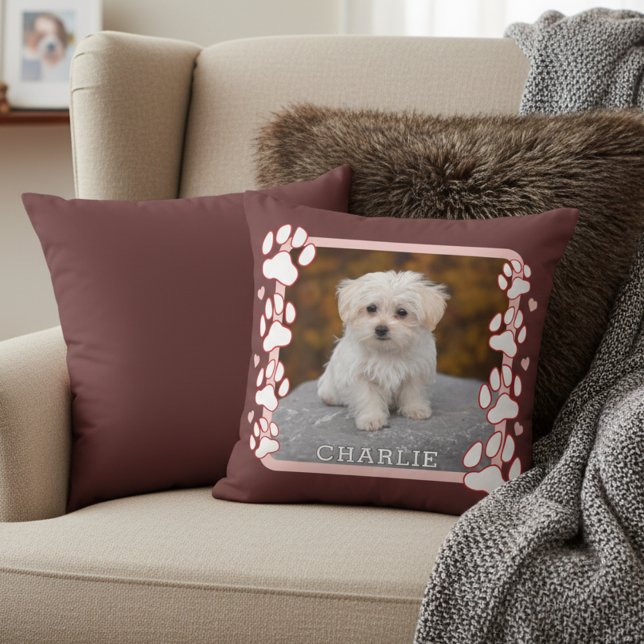 Almofada Custom Framed Pet Photo and Name Throw Pillow (Snuggle up with your pet’s photo pillow. Personalized and adorable! 🐾💖)