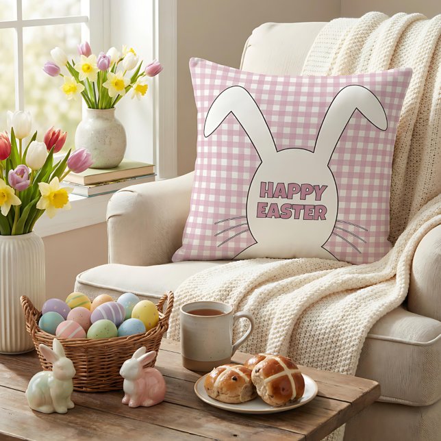 Almofada Custom Happy Easter Bunny Pink Gingham Plaid (Criador carregado)
