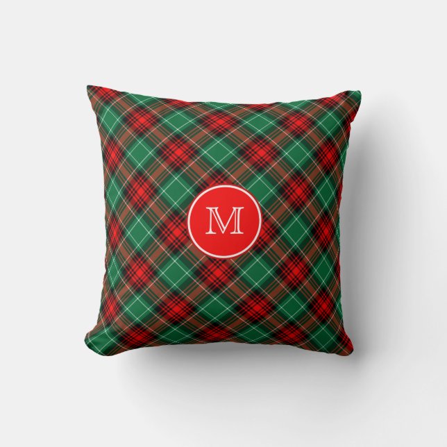 Almofada Custom Momogram Red and Green Holiday Plaid (Frente)