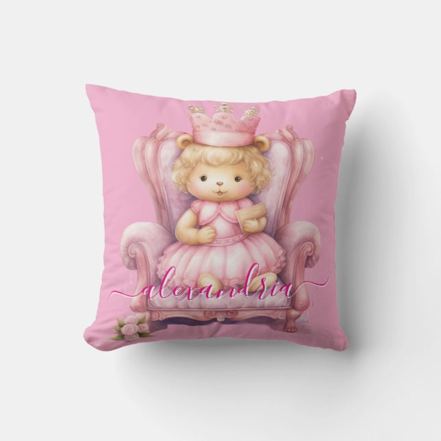 Almofada Custom Name Pink Girly Teddy Bear Throw Pillow (Frente)