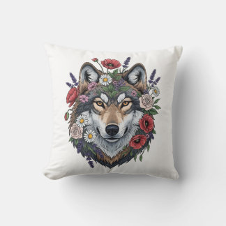 Almofada Custom Wolf with Floral Crown Throw Pillow