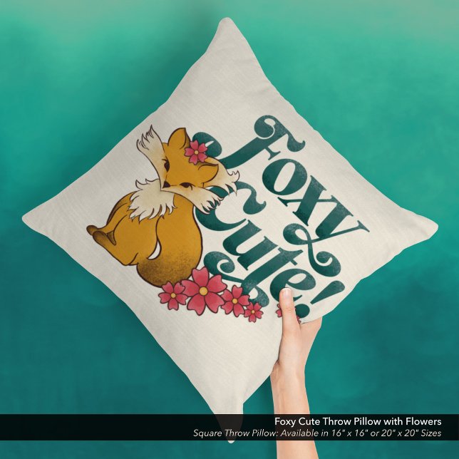 Almofada Cuta Foxy com Flores (Foxy Cute Square Throw Pillow with Hand Drawn Fox and Flower Arwork.)
