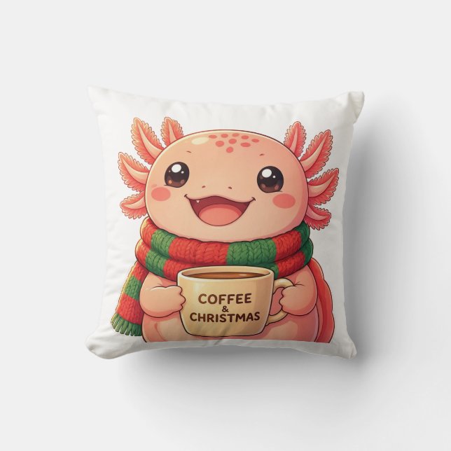Almofada Cute Axolotl Bebendo Café Natal Acabamento  (Frente)
