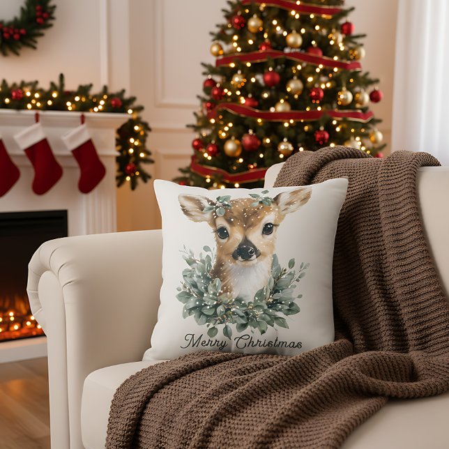 Almofada Cute Baby Deer Merry Christmas – Watercolor Fawn  (Criador carregado)