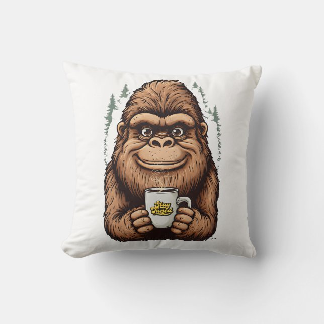 Almofada Cute Bigfoot Drinking Coffee  Funny Sasquatch  (Frente)