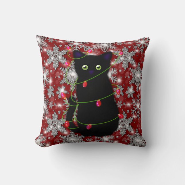 Almofada Cute black cat Meowy Christmas sparkling snowflake (Frente)