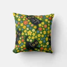 Cute Black Cats Floral Meadow Pattern