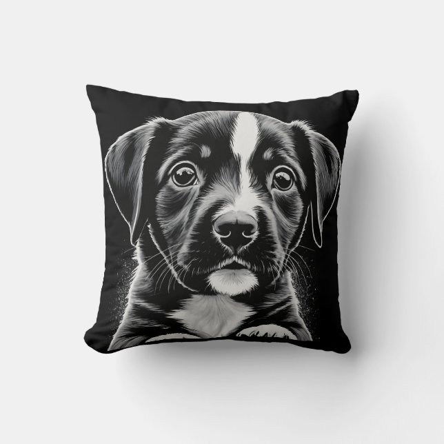 Almofada Cute Black & White Puppy – Cozy Dog Lover Pillow (Frente)