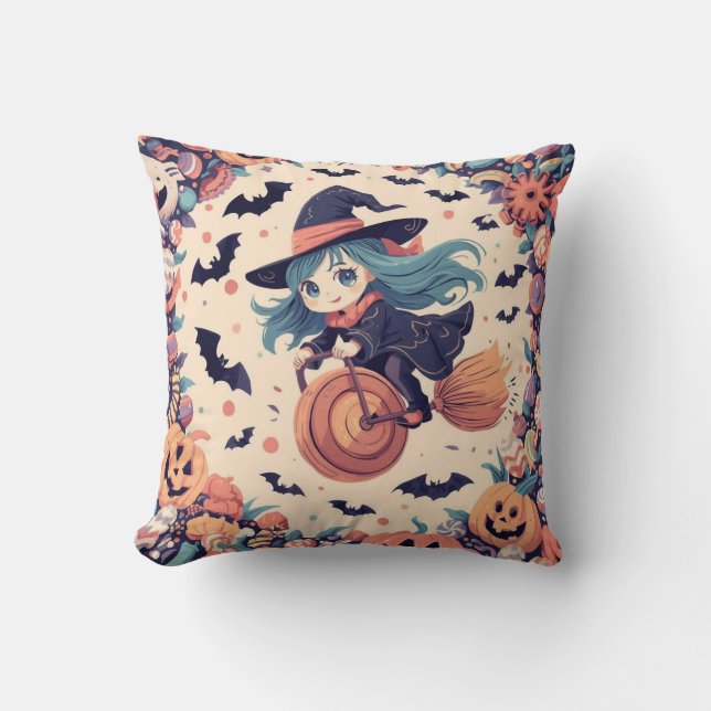 Almofada Cute Blue-Haired Witch Halloween Pillow (Frente)