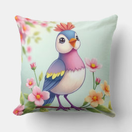 Almofada Cute Blue Pink Bird Floral Throw Pillow