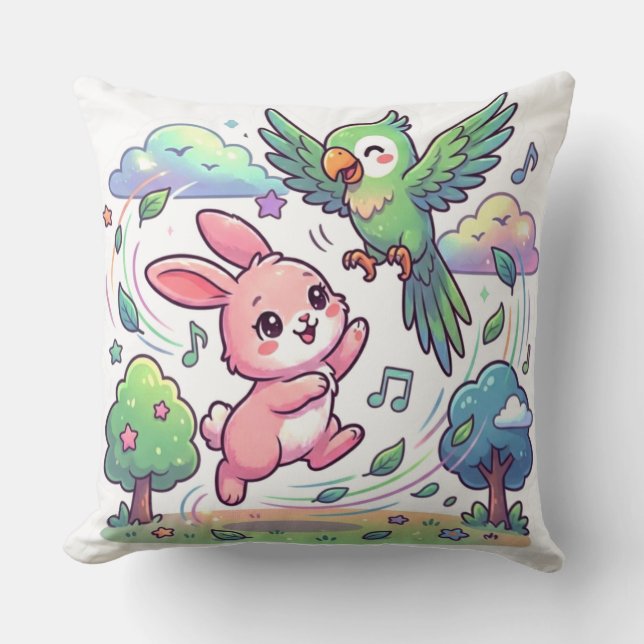 Almofada Cute Bunny e Papagaio Jogando Adesivo |  (Frente)