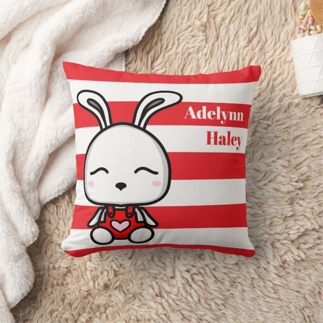 Almofada Cute Bunny Red Striped Birth Stats Throw Pillow (Cobertor)