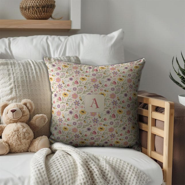 Almofada Cute cartoon bee flower pink pattern monogram (Criador carregado)