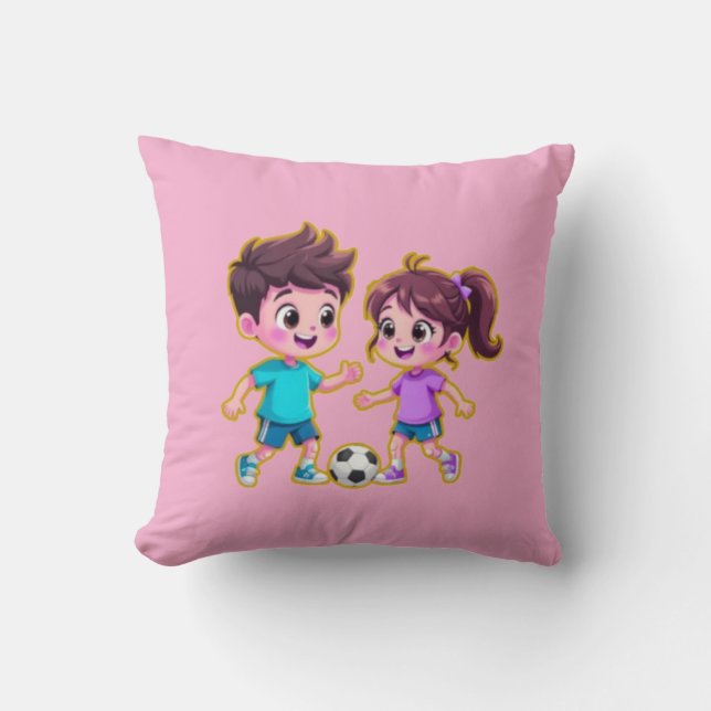 Almofada Cute Cartoon Boy and Girl Playing Soccer Together  (Frente)