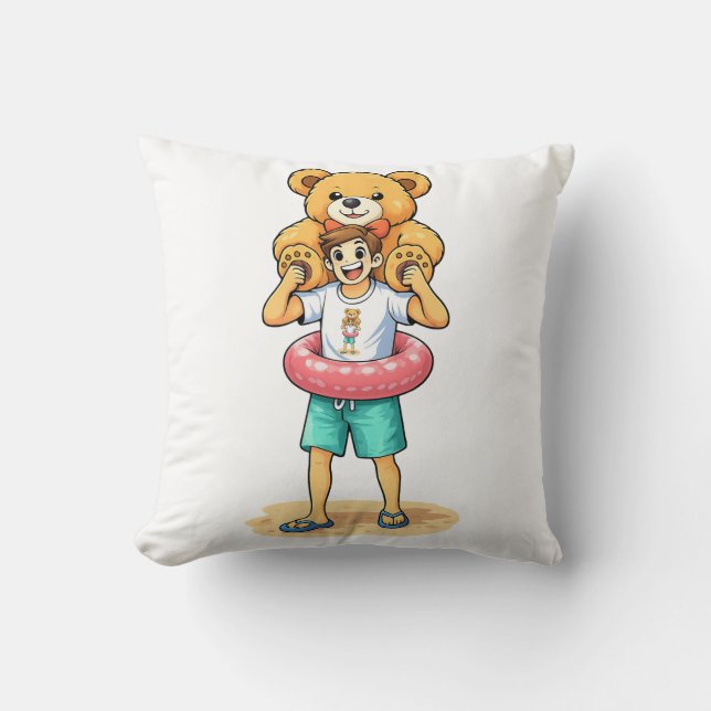Almofada Cute Cartoon Man with Giant Teddy Bear Summer Fun (Frente)