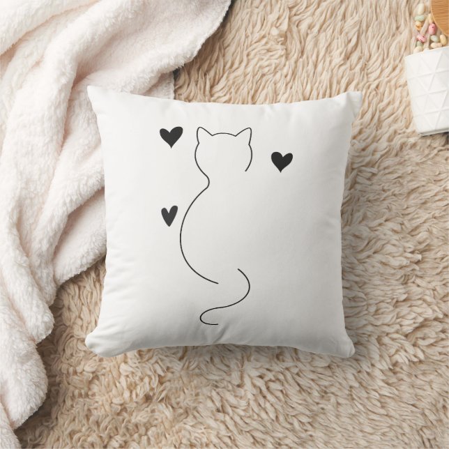 Almofada Cute cat line drawing, with three hearts (Cobertor)