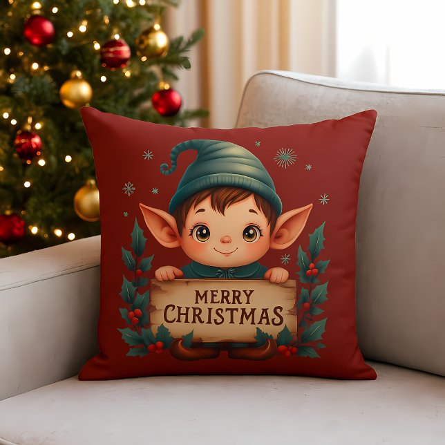 Almofada Cute Christmas Elf Holding Merry Sign Red (Cute Christmas Elf Holding Merry Sign Red Throw Pillow)