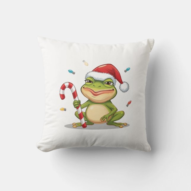 Almofada Cute Christmas Frog With Candy Cane - Funny Holida (Frente)