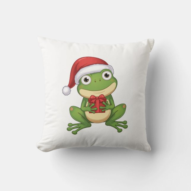 Almofada Cute Christmas Frog with Santa Hat and Gift |  Fun (Frente)