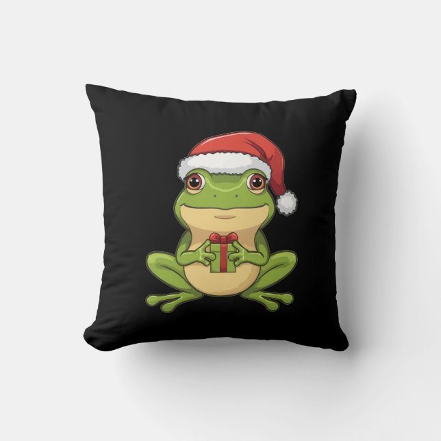 Almofada Cute Christmas Frog with Santa Hat Holding  Gift - (Frente)