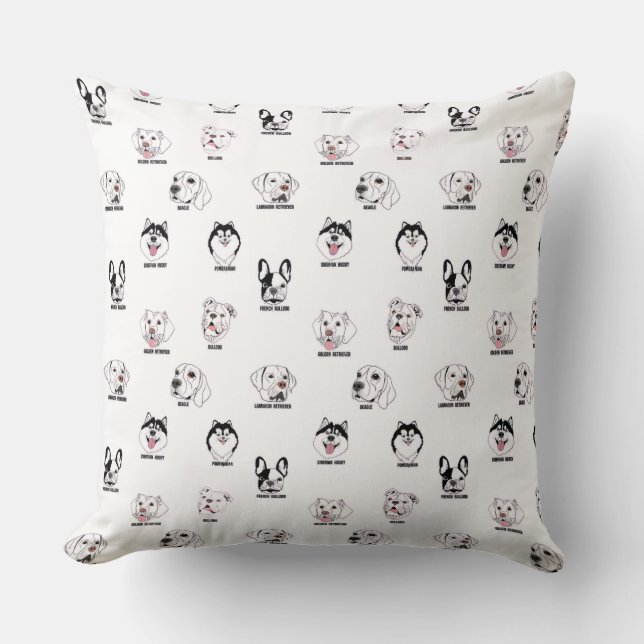 Almofada Cute Dog Breed Faces Pattern Throw Pillow (Frente)