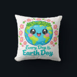 Almofada Cute Earth Day Throw Pillow<br><div class="desc">Add a cheerful eco-friendly touch to your home with this cute Earth Day throw pillow featuring a happy kawaii Earth with big smiling eyes, a green leaf crown, and pink flowers, along with the uplifting message “Every Day is Earth Day.” This bright and playful cushion is perfect for sofas, beds,...</div>